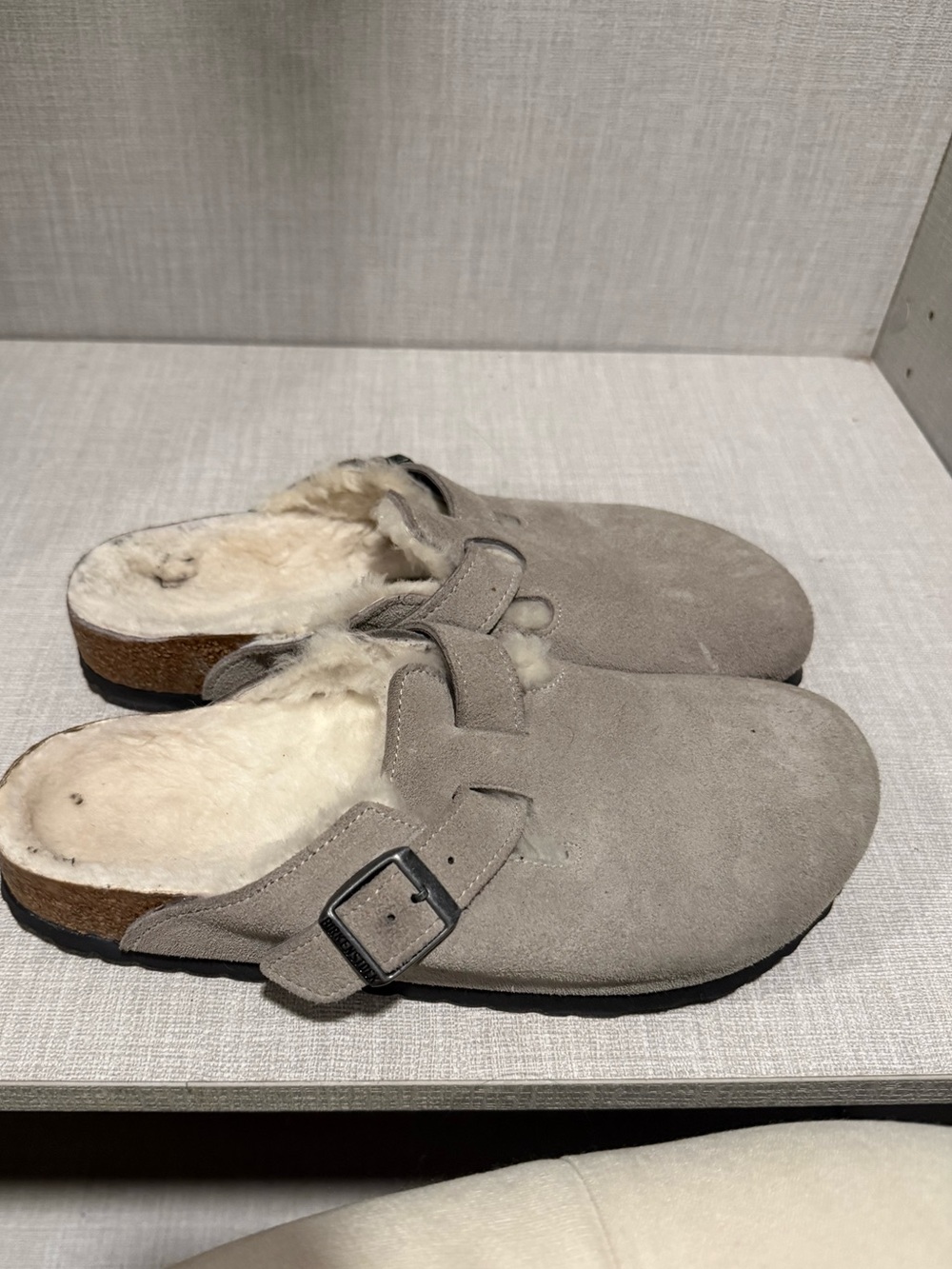 Birkenstock Suede Shearling Clog Mules in Light Taupe